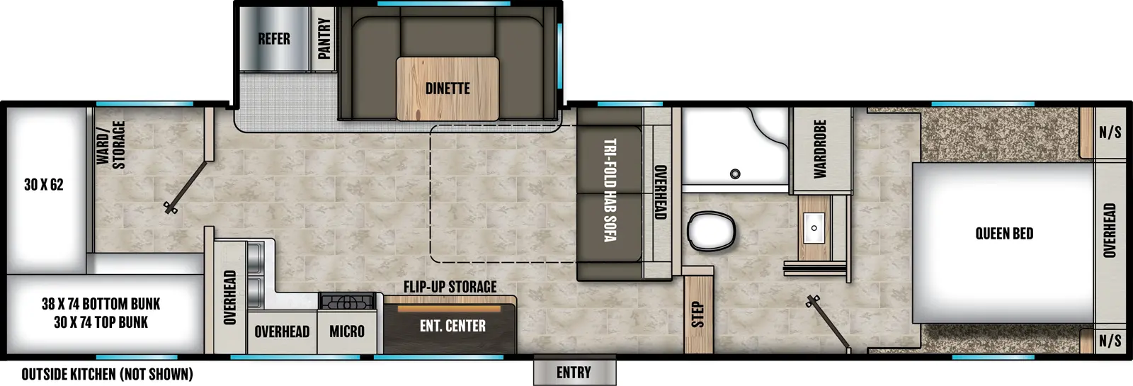 The Chaparral Lite 274BH floorplan has one entry and one slide out. Exterior features include: fiberglass exterior, 16' awning and outside kitchen. Interiors features include: bunk beds, u-dinette and front bedroom.